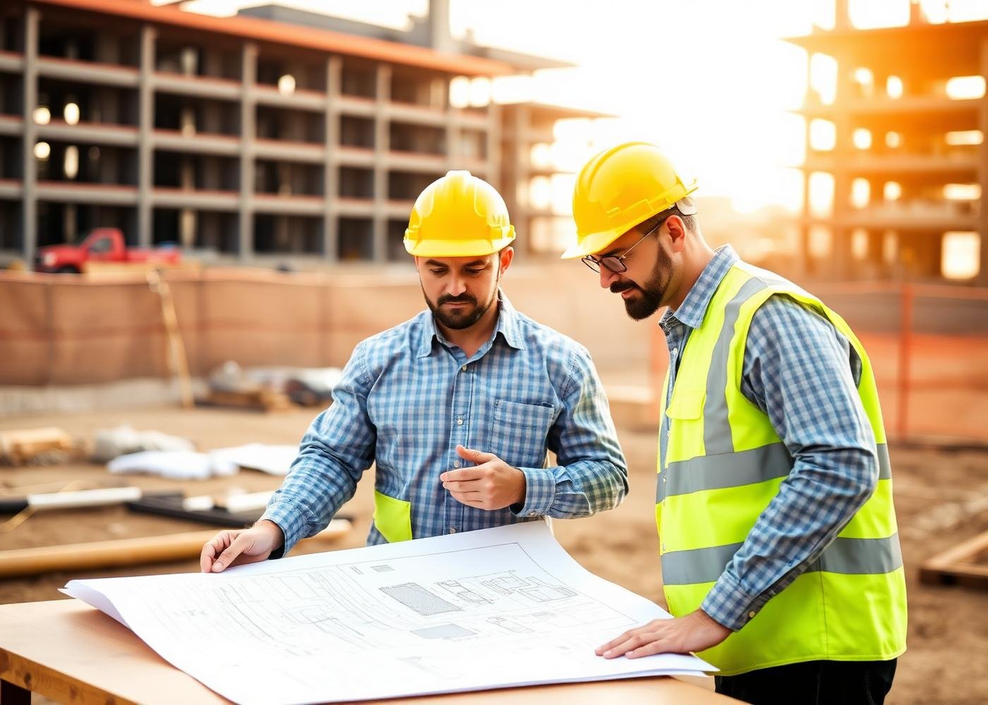 Engineers reviewing CAD drawings on a construction site